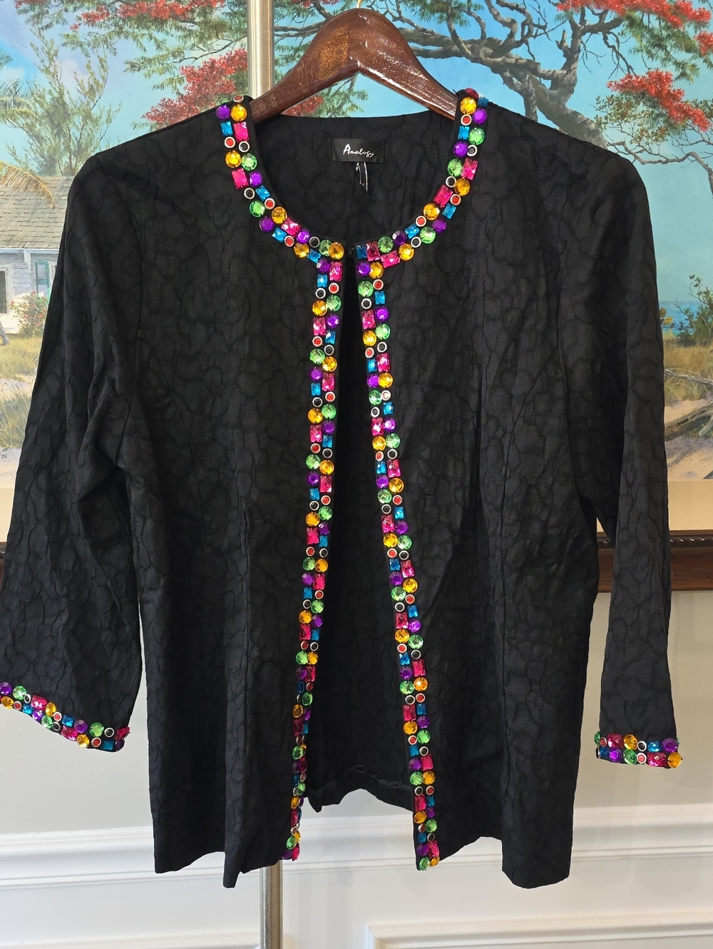 Analog Black Open-Front Tunic with Multicolor Gem Accents